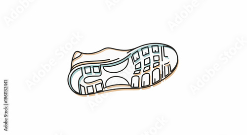 Stylized outline drawing of a shoe sole with light blue and tan accents