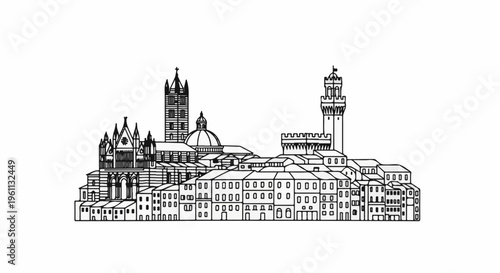 Stylized outline drawing of an old European city skyline with towers and buildings