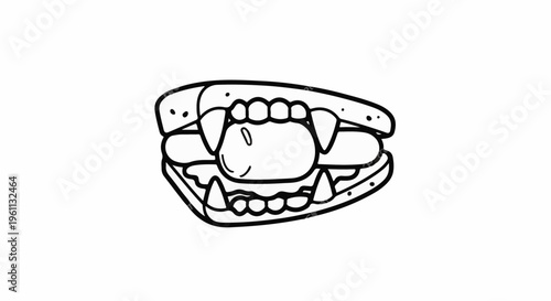 Stylized hot dog with fangs biting into bun, cartoon style