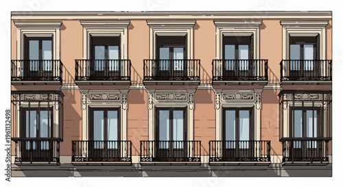Stylized illustration of a multi-story building facade with ornate balconies and windows