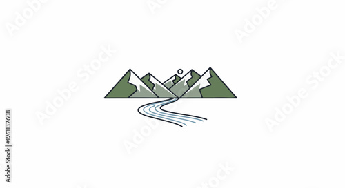 Stylized green mountains with snow and a winding blue river