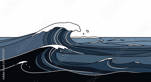Stylized illustration of a powerful ocean wave breaking under a clear sky