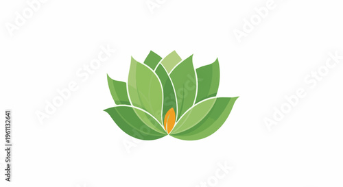 Stylized green lotus flower with an orange center against a white background