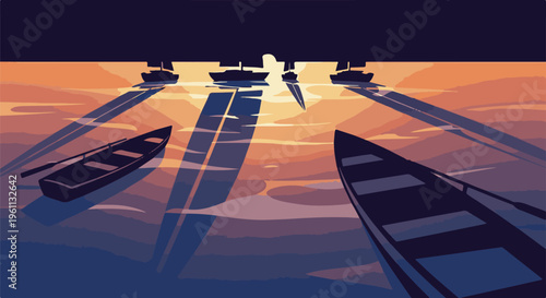 Sunset over water with boats casting long shadows in pixel art