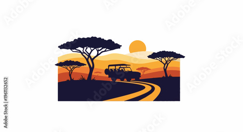 Sunset safari adventure with jeep, acacia trees, and rolling hills