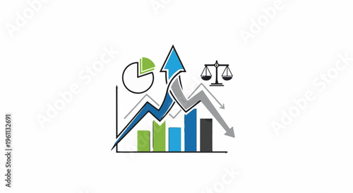 Stylized graphs with ascending and descending arrows and a balanced scale
