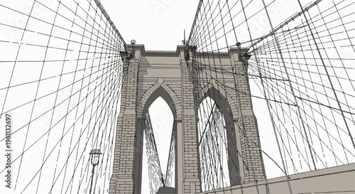 Stylized graphic representation of a famous suspension bridge with stone towers