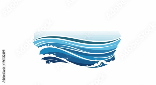 Stylized graphic of flowing ocean waves in shades of blue and white