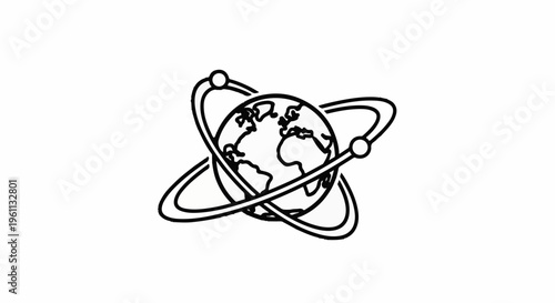 Stylized globe with orbital rings and celestial spheres