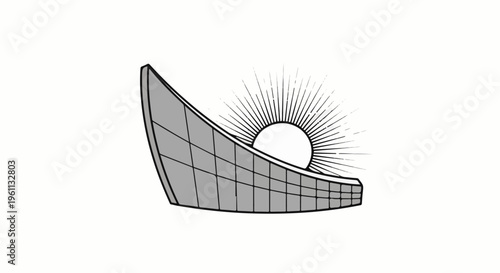 Stylized sunburst emerging from a curved, paneled architectural structure
