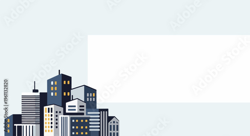 Stylized geometric cityscape with varied building heights and illuminated windows