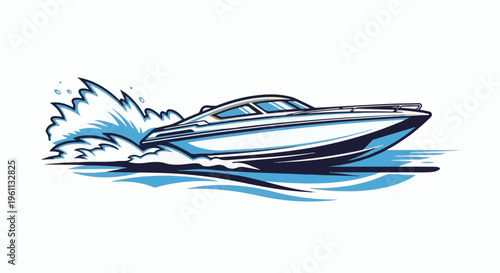 Stylized illustration of a sleek, fast-moving motorboat churning up blue water