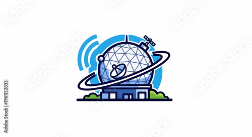 Stylized geodesic dome building with satellite dish and orbiting ring