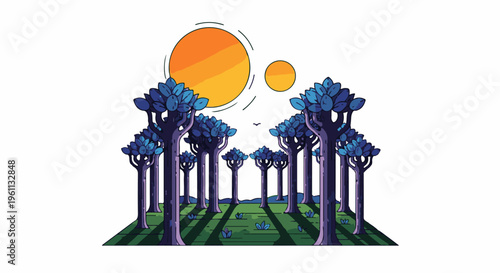 Stylized forest with twin suns and shadows