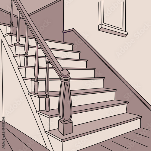 A staircase with a railing and a window