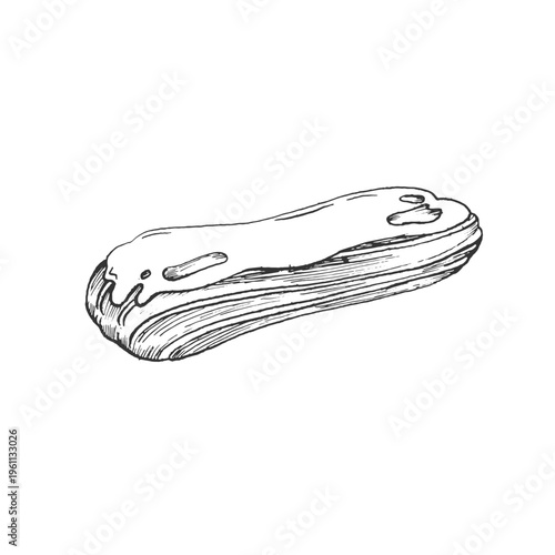 Eclair bun hand-drawn vector illustration. Sketch of a sweet pastry. Isolated object, element for label design, menus, recipes, bakery, and coffee shop.
