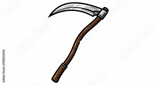 Stylized illustration of a silver curved blade scythe with a wooden handle