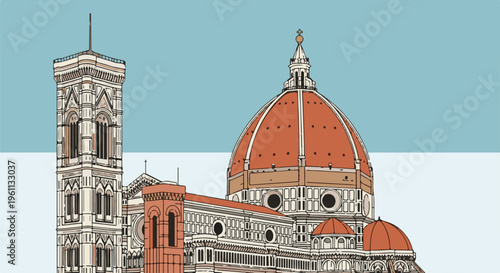 Stylized illustration of a grand cathedral with a large dome and bell tower