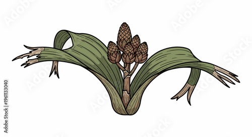Stylized illustration of a flowering plant with brown buds and frayed green leaves