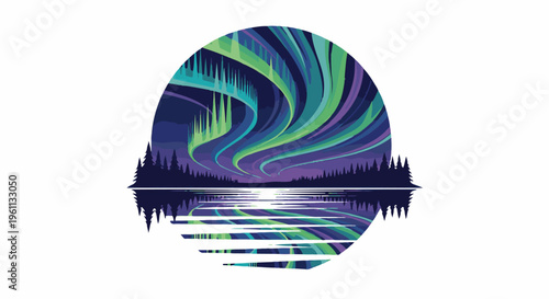 Stylized oval depicting aurora borealis over a dark forest and its reflection