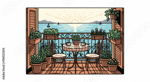 Sunny balcony with cafe table and seascape view, plants adorn