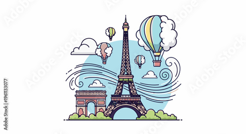 Stylized Parisian landmarks and hot air balloons against a sky backdrop