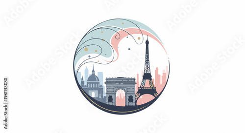Stylized Parisian landmarks within a circular artistic frame, featuring a prominent tower