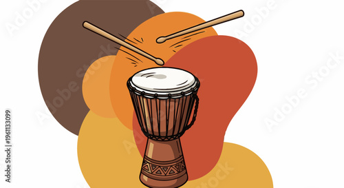 Stylized illustration of a djembe drum with drumsticks