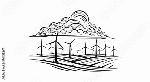 Stylized illustration of a windy field with turbines under a large cloud