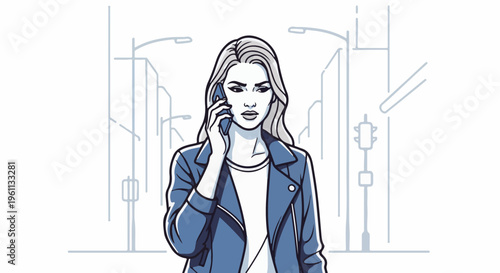 Stylized illustration of a woman in a blue jacket talking on a cell phone outdoors