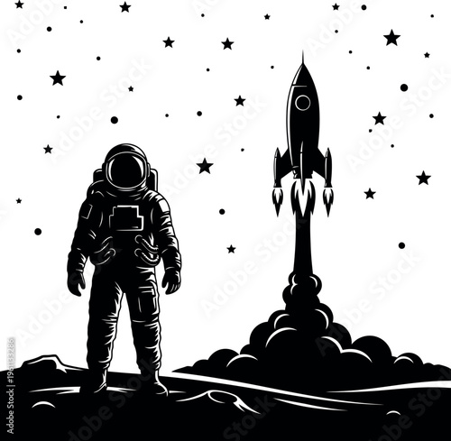Astronaut standing next to launching rocket on space themed surface illustration