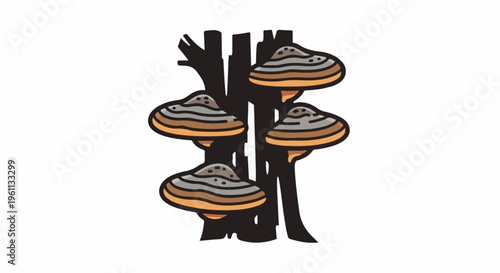 Stylized illustration of a tree trunk with bracket fungi