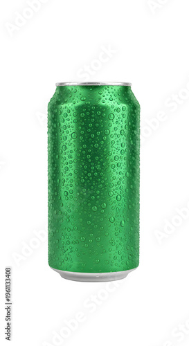 Refreshing Green Soda Can with Condensation Drops Isolated on White and Transparent Background