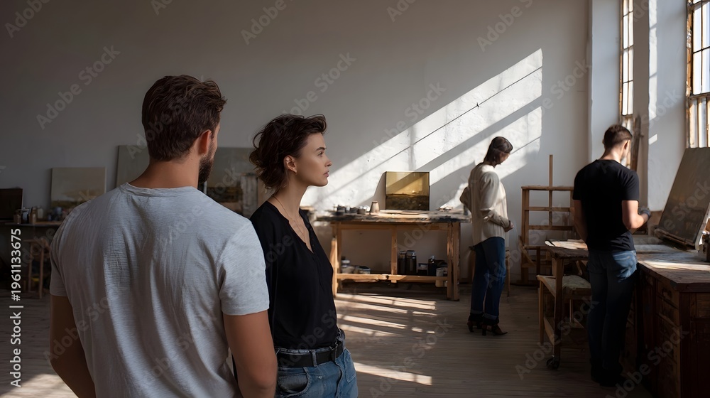 Fototapeta premium s observe and discuss artwork in a sunlit studio with dramatic light and shadow patterns