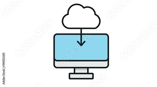 Desktop computer with data cloud and download arrow icon. Cloud computing storage and backup technology concept. Vector illustration in light colors, flat style.