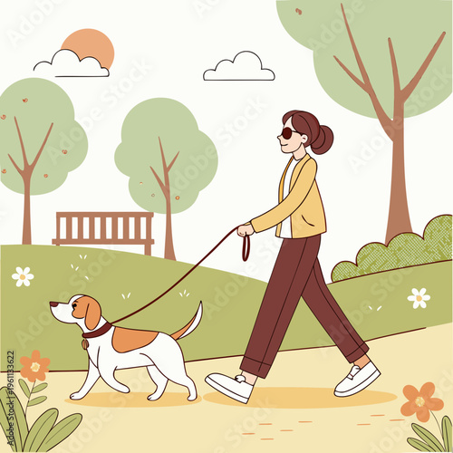 Woman walking a beagle dog in the park