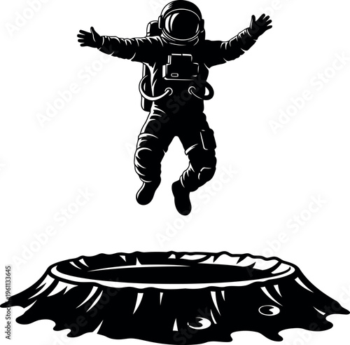 Astronaut Joyfully Jumping Above a Crater on Alien Planet Illustration