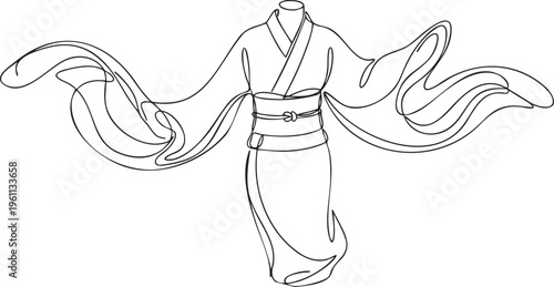 Continuous single black line drawing of a Japanese Yukata on an asymmetrically floating simple dummy with sleeves swirling sideways.