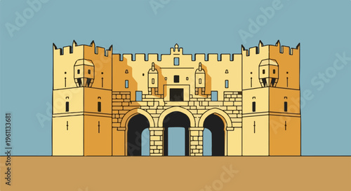Stylized illustration of an ancient stone fortress gate with three arched entrances and towers