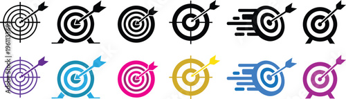 Collection of colorful and black and white target icons with arrows