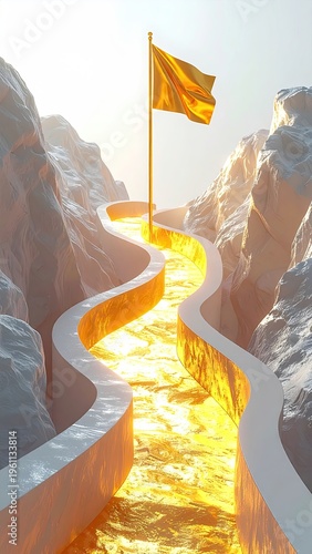 A winding path leads to a golden flag atop jagged mountain peaks