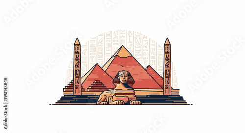 Stylized illustration of Egyptian pyramids, Sphinx, obelisks, and hieroglyphs