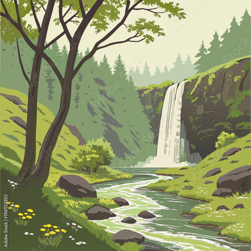 A waterfall in a forest with a stream running through it