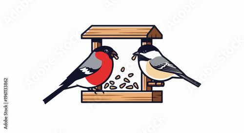 Two birds at a feeder, one red-breasted, the other black-capped, eating seeds