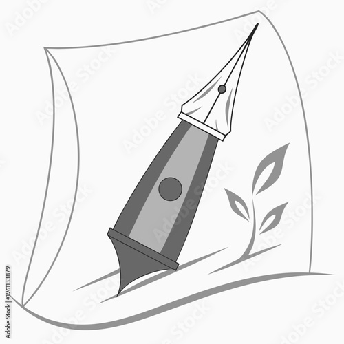 A gray pen with a white nib and a plant