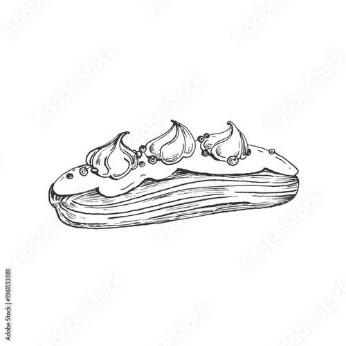 Eclair bun with whipped cream hand-drawn vector illustration. Sketch of a sweet pastry. Isolated object, element for label design, menus, recipes, bakery, and coffee shop.