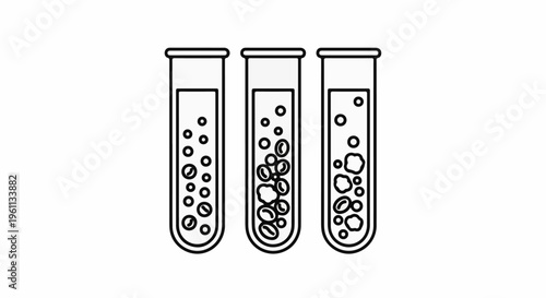 Three outline laboratory test tubes with varying amounts of bubbles and solid particles