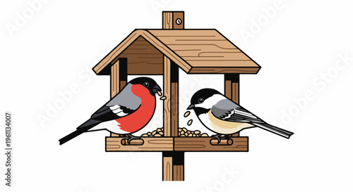 Two birds eating seeds from a wooden bird feeder