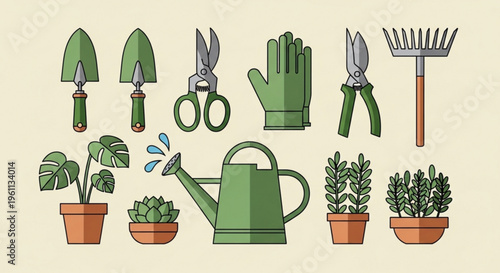 Gardening tools and plants with watering can on beige background illustrating gardening concept with green trowels pruners gloves and potted plants