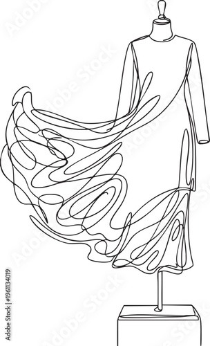 Continuous single black line drawing of Malaysian Baju Kurung modern on an elevated simple dummy with long tunic billowing sideways.